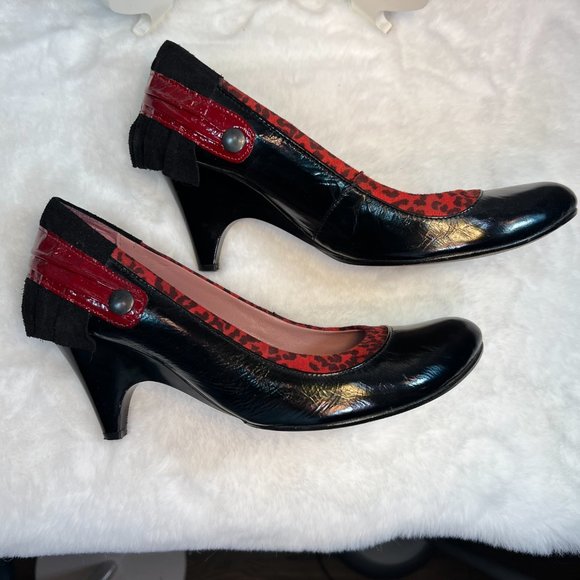 CHANII B Black Leather w Red Leopard Ruffle & Trim w Red Trim on Heels-38 - Picture 3 of 16